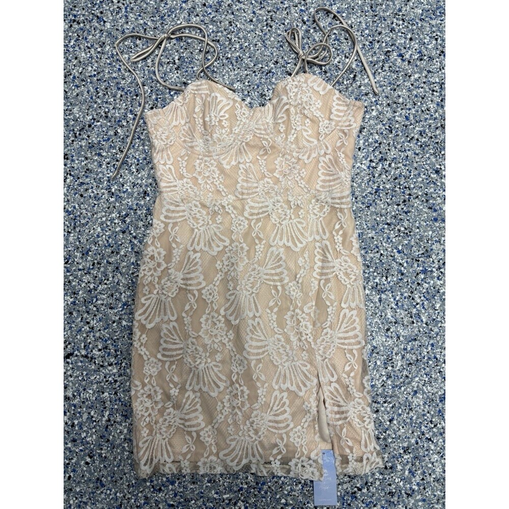 Cupshe Cream-colored Floral Lace Mini Dress Adjustable Straps & Side Slit Size S - Picture 4 of 11